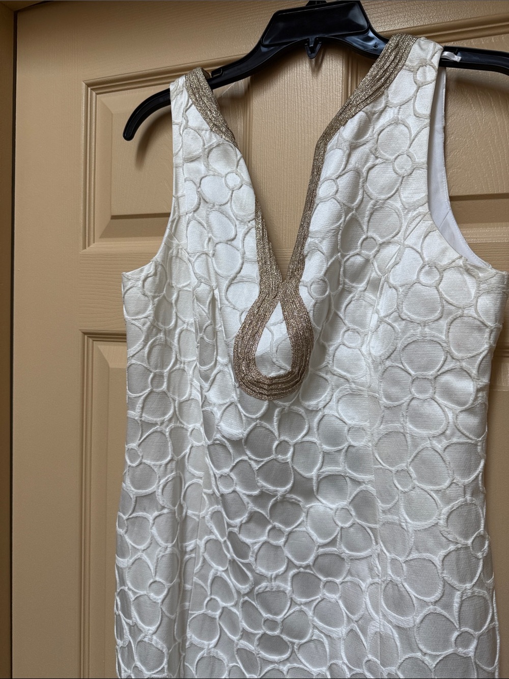 Lilly Pulitzer White Embroidered Sleeveless Dress with Gold Trim